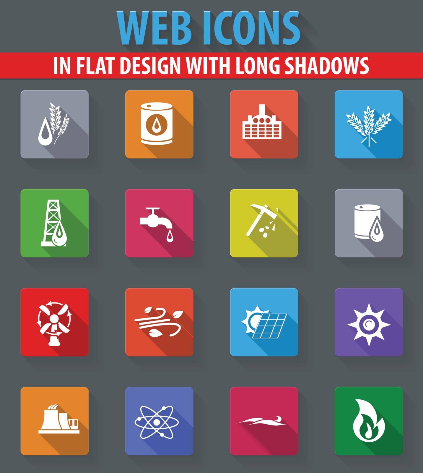 Fuel web icons in flat design with long shadows