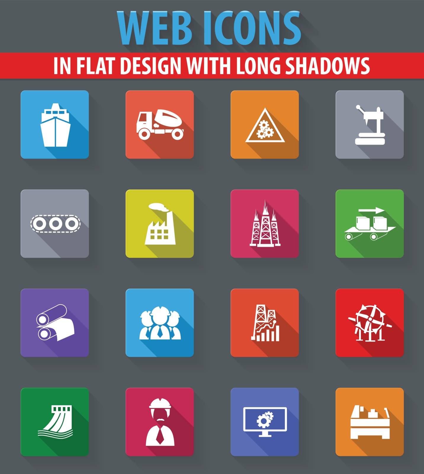 industry web icons in flat design with long shadows
