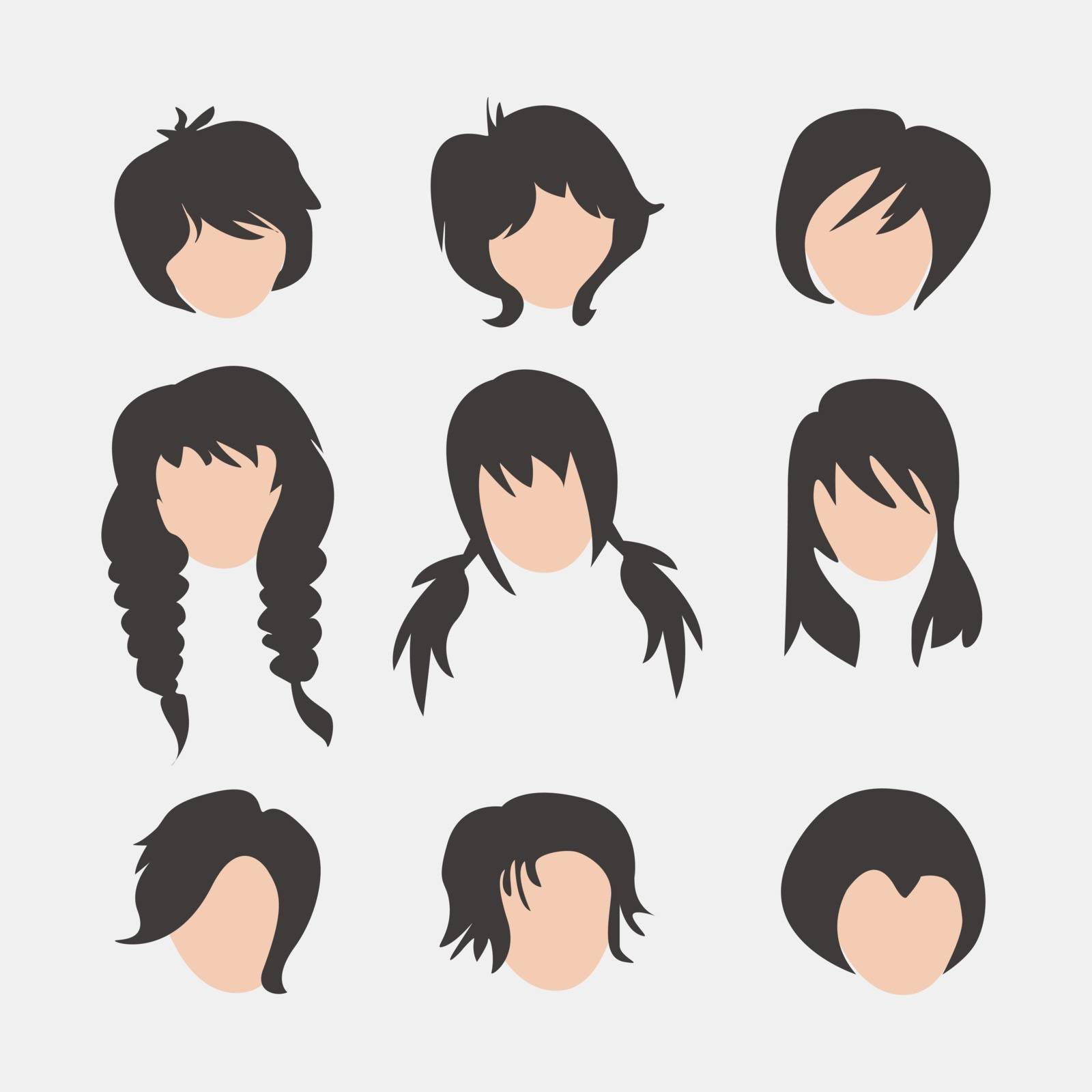 Beautiful style, avatars, fashion look set inTrendy flat style. Fashion image,look, can be use for salon logo.  Set of different girl's hairstyle .