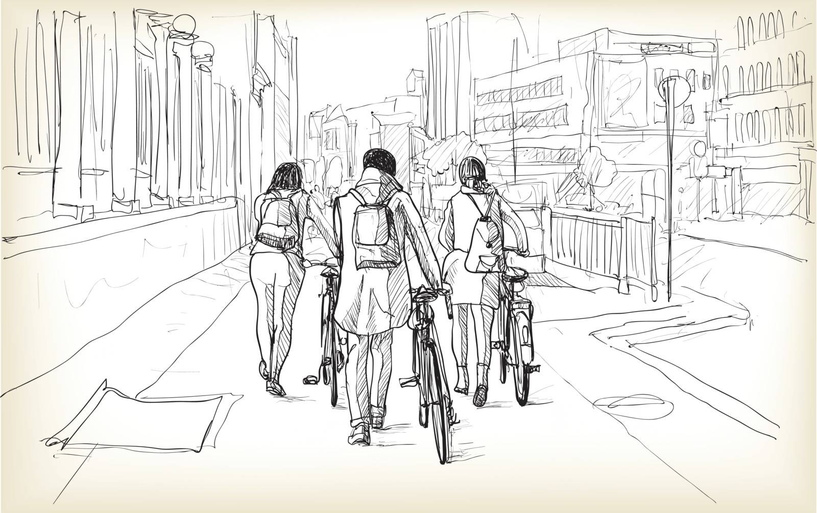 sketch of bicycle rider in Berlin, free hand draw illustration vector
