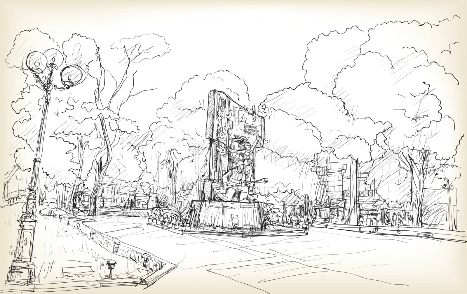 Sketch of cityscape Hanoi public space at Vuon hoa Hang Dau park, free hand draw illustration vector