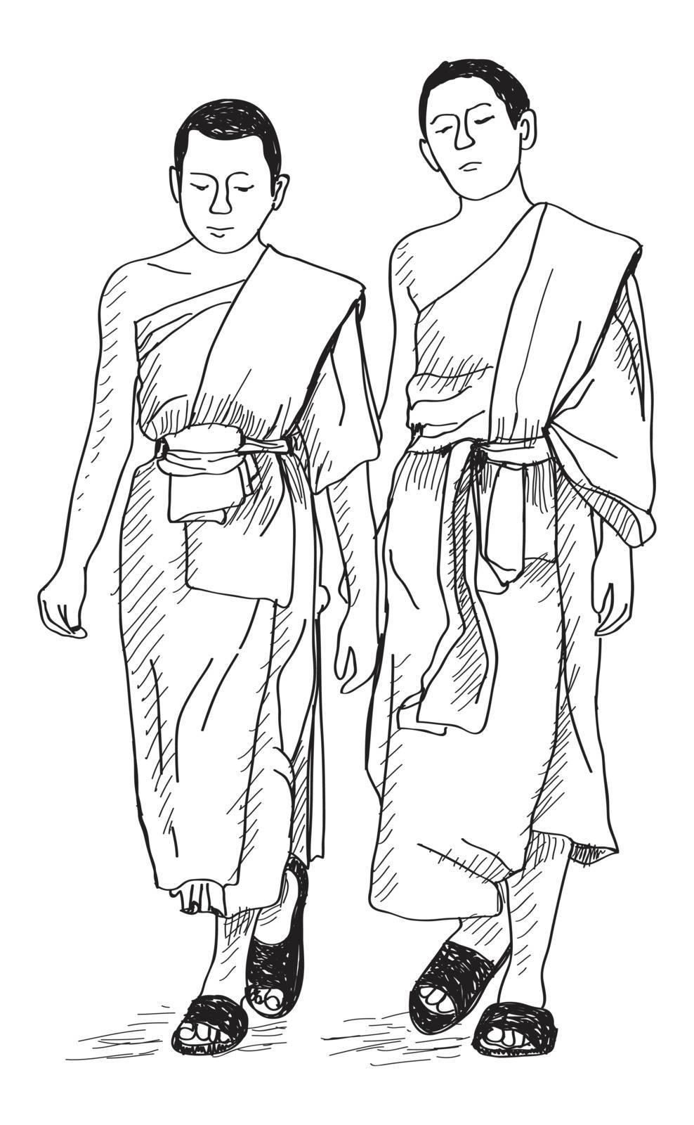 sketch of young buddhist monks walking on street in Thai, Chiang by arnontphoto