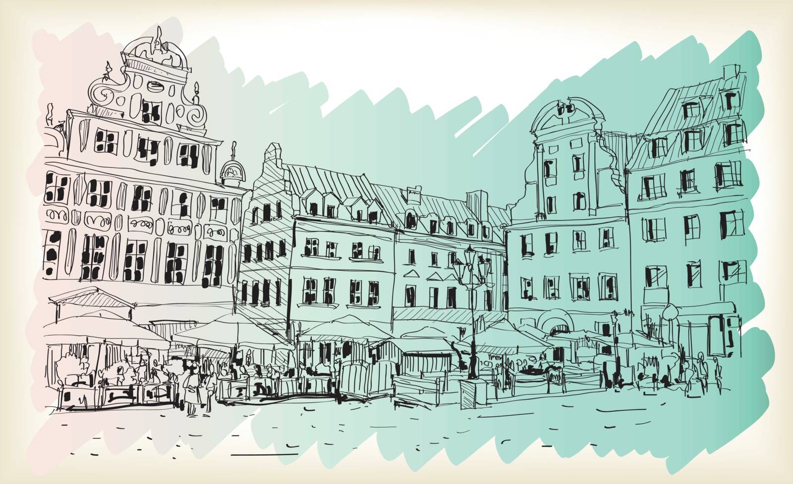 city scape drawing sketch in Poland downtown vector