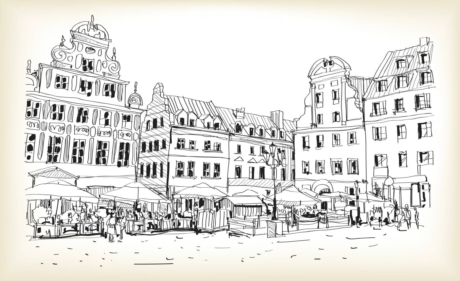 city scape drawing sketch in Poland downtown vector