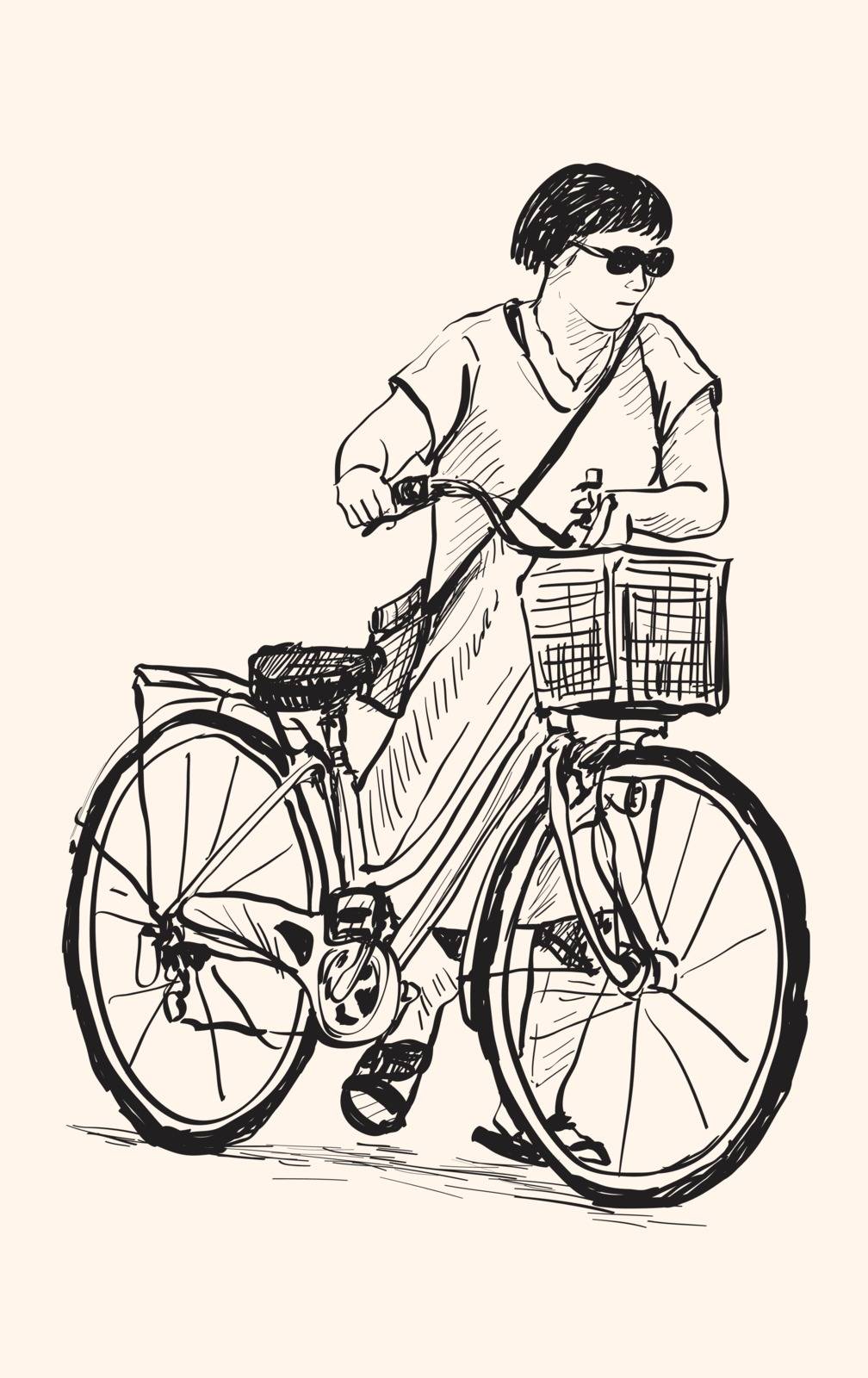 sketch of a woman walk with bicycle, free hand drawing illustrat by arnontphoto