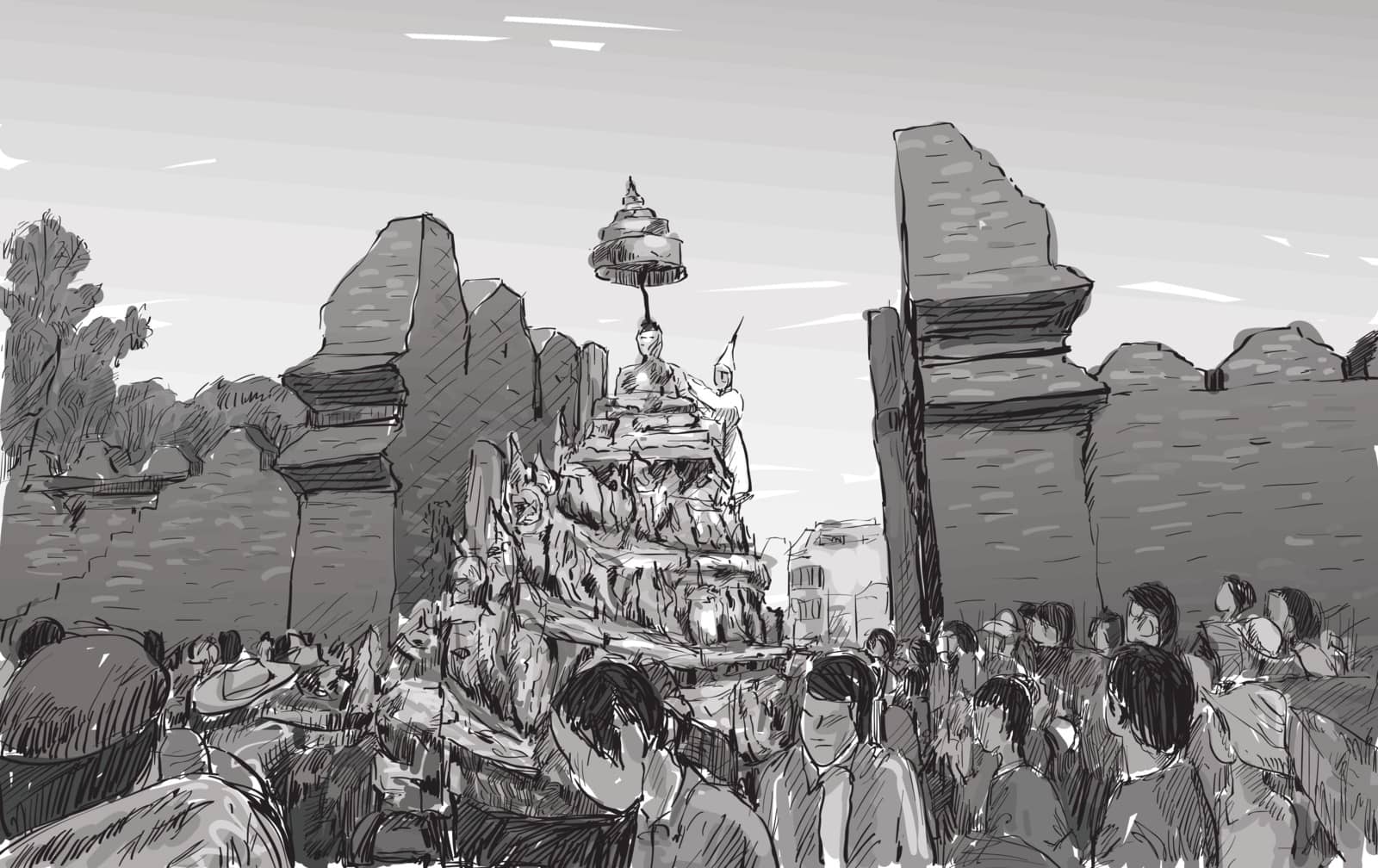 Sketch of cityscape in Thailand show traditional parade "Songkra by arnontphoto