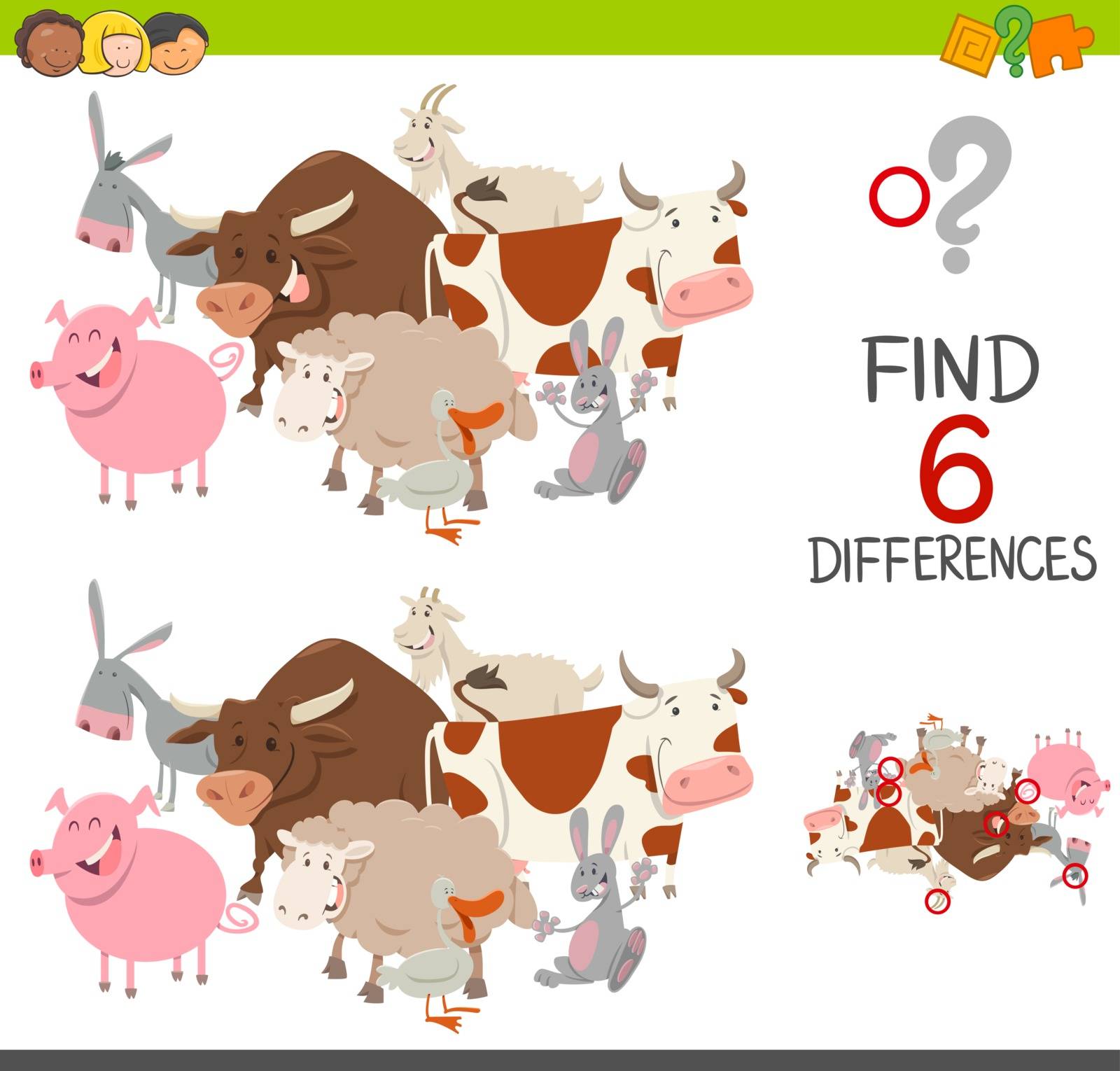 Cartoon Illustration of Finding the Differences Educational Game for Children with Farm Animal Characters