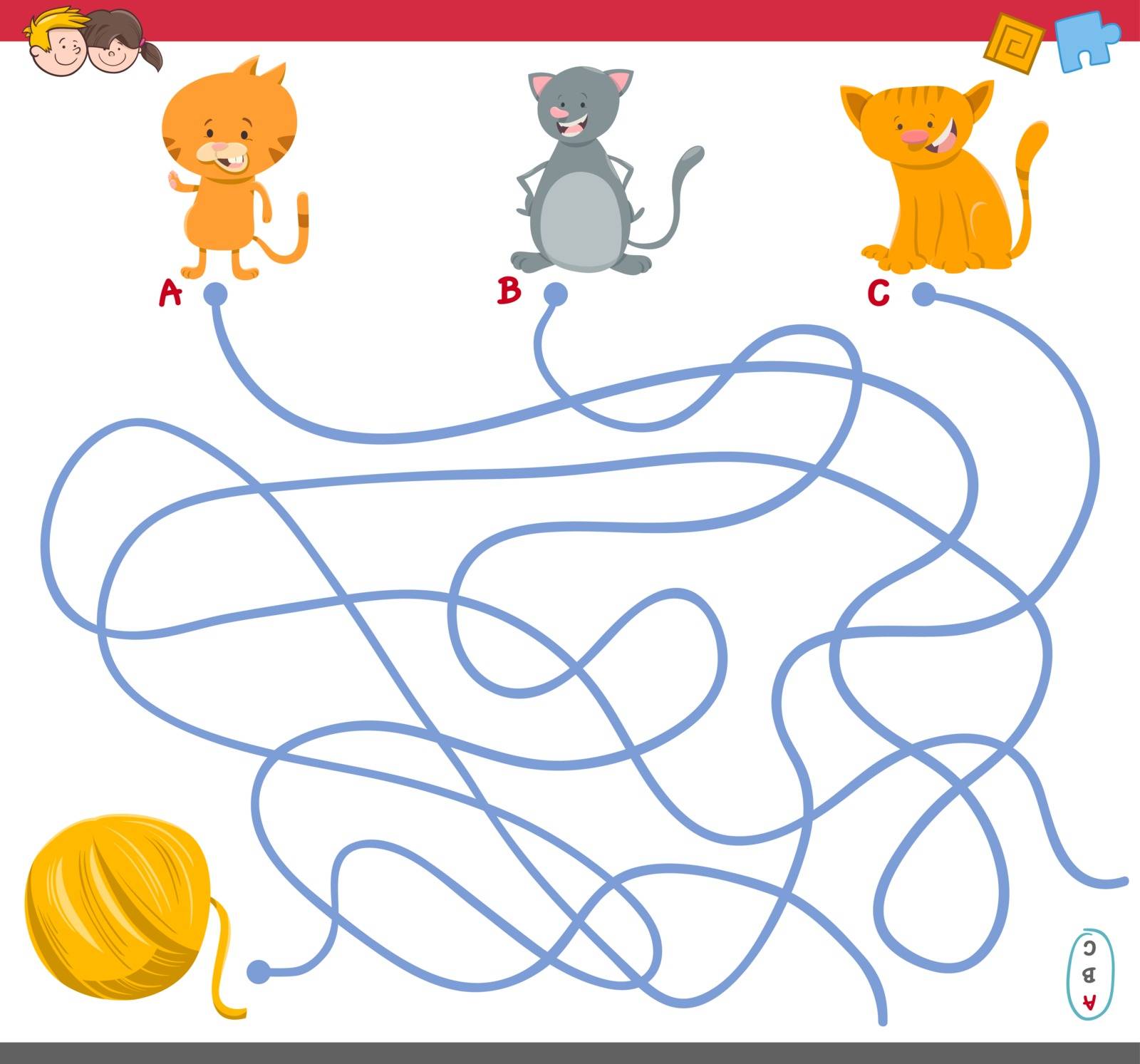 Cartoon Illustration of Paths or Maze Puzzle Activity Game with Kitten Characters and Wool Ball