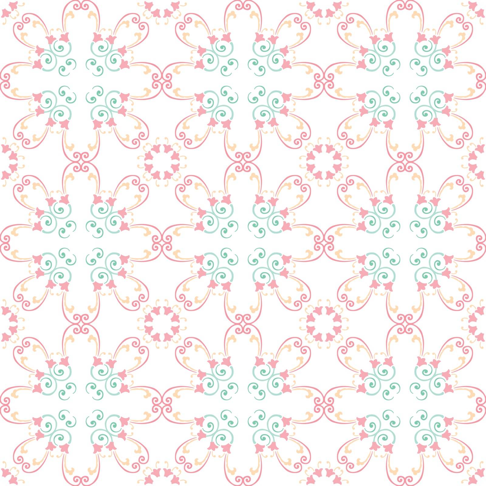 Seamless illustrated pattern made of pastel floral lements and swirls on white
