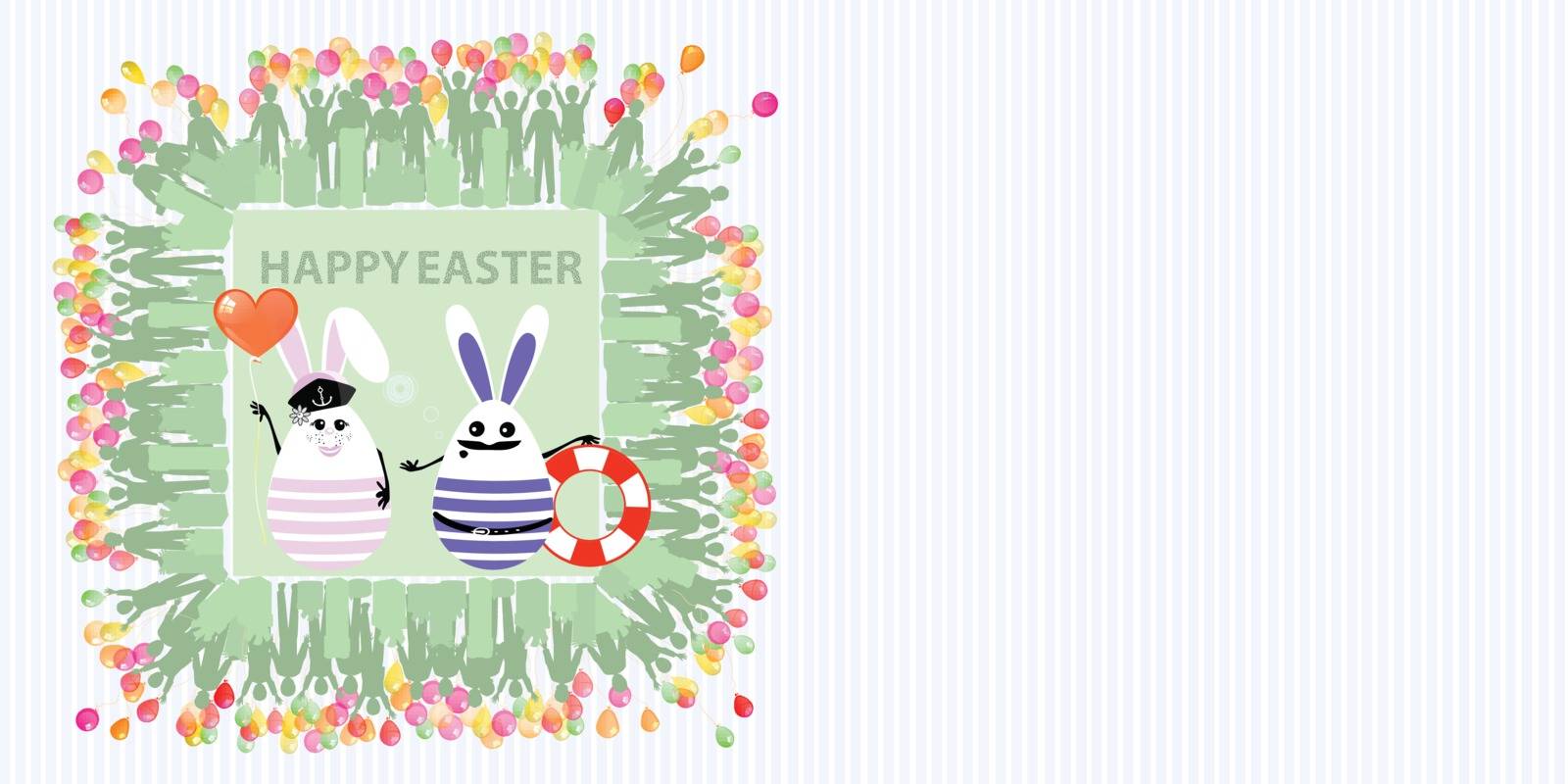 Easter illustration with place for text. Rabbits sailors with an air ball in the shape of a heart and a life buoy, a girl and a man, against a striped horizontally oriented leaf and a square frame