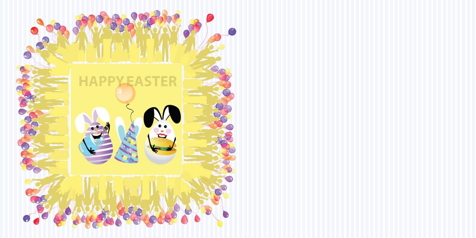 Easter illustration with place for text. Eggs with an air ball, buns and a cap on the background of a striped horizontally oriented sheet and a square frame