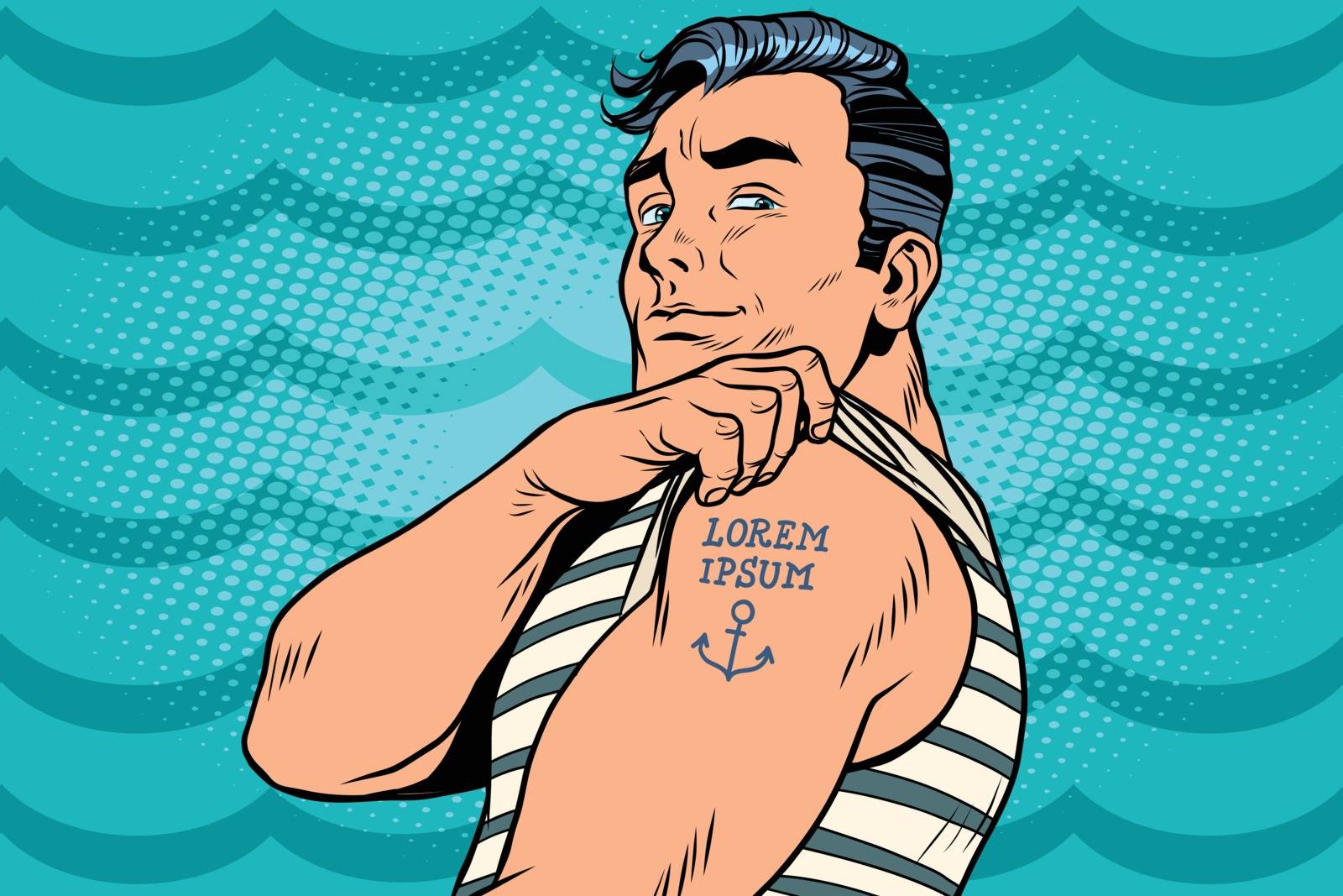 Sailor with Lorem ipsum tattoo on hand. Pop art retro comic book vector illustration