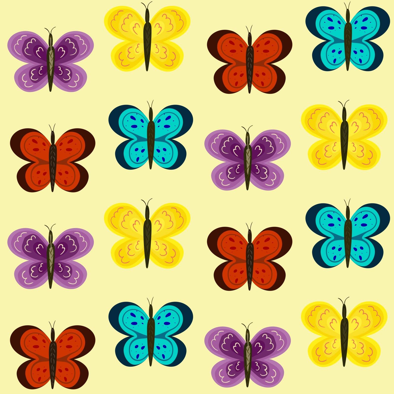 Colorful butterfly seamless pattern on the yellow background