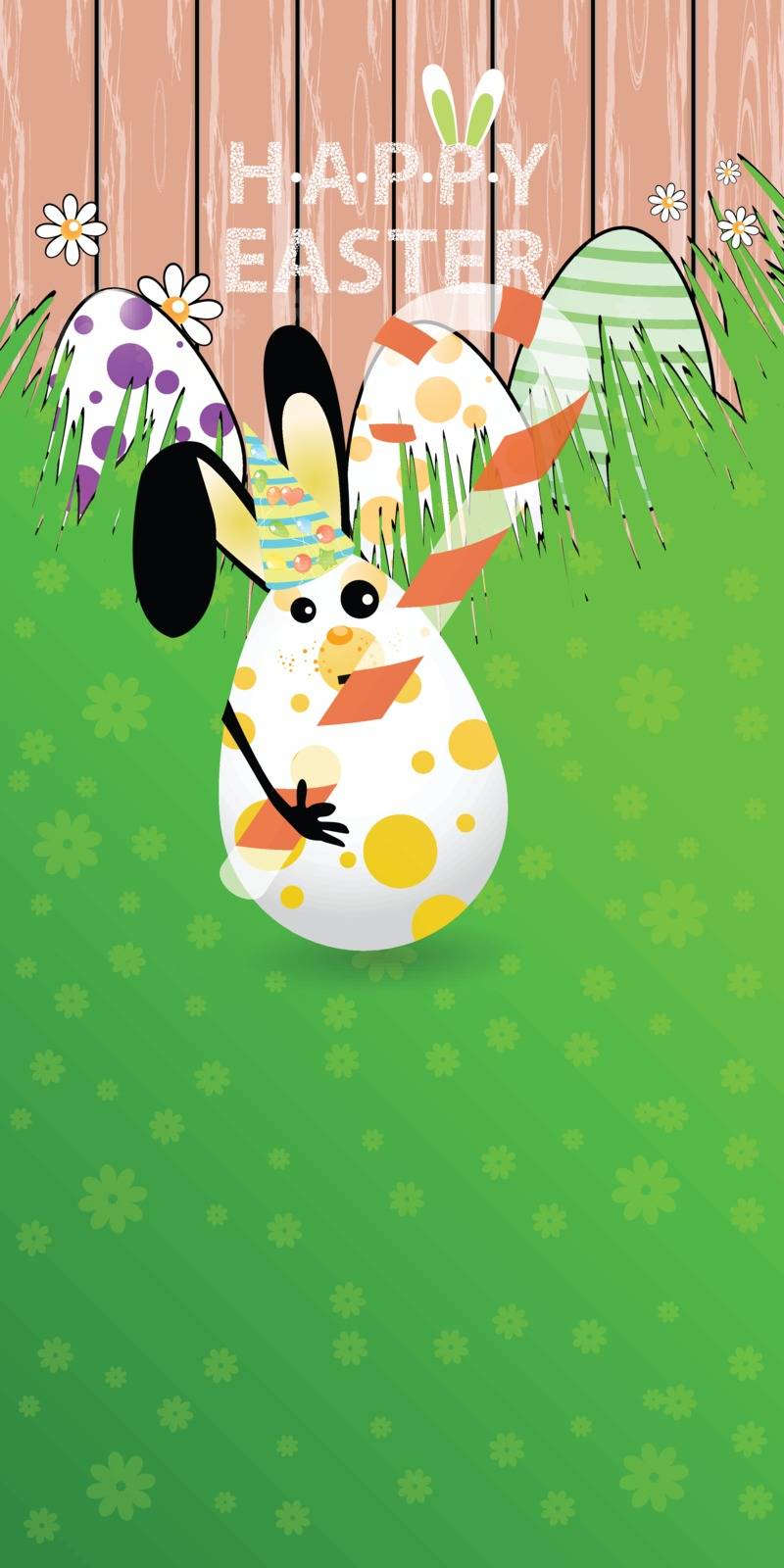 Easter vertical oriented illustration for your design with a place under your text. Cute easter bunny-egg with funny face on a green lawn grass. Bite candy in the shape of a stick