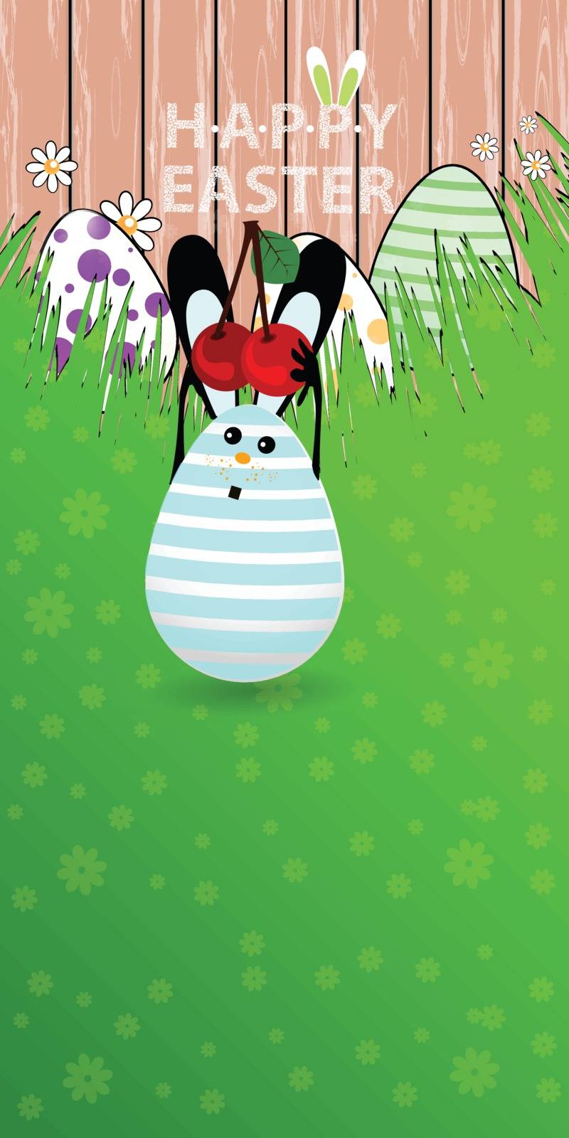 Easter vertical oriented illustration for your design with a place under your text. Cute easter bunny-egg with funny face on a green lawn grass. Keep ripe cherries over your head