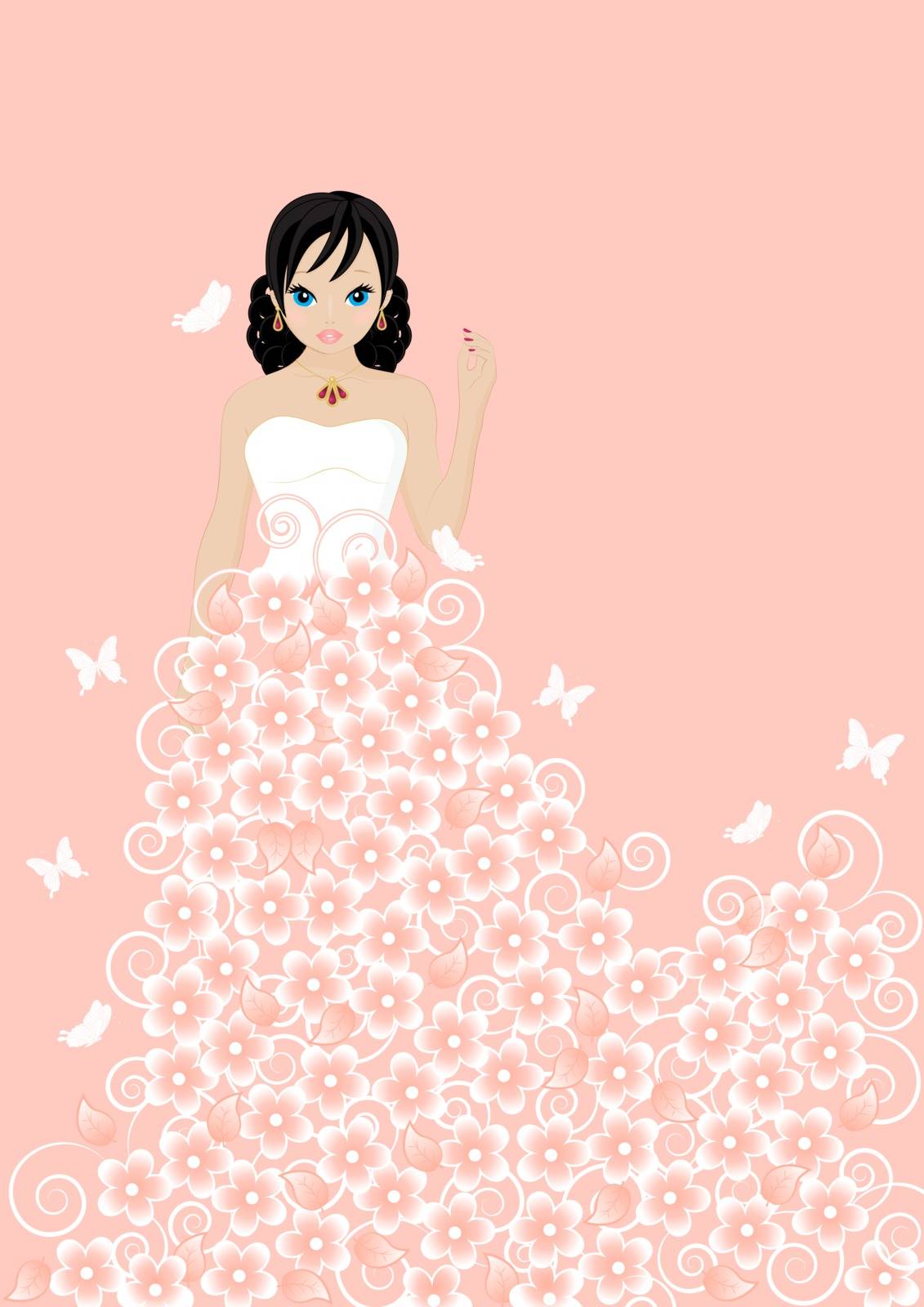 girl in a flower dress on pink background