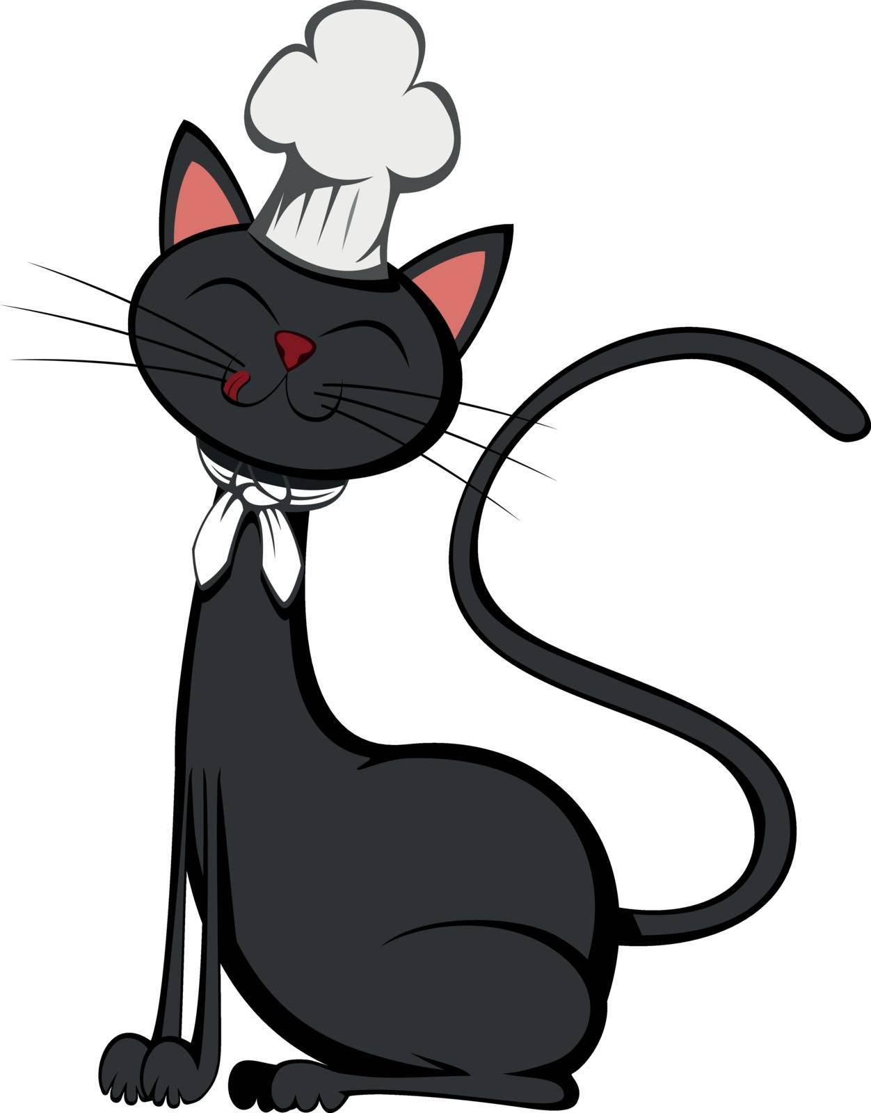 A cute black tomcat chef is sitting and smiling
