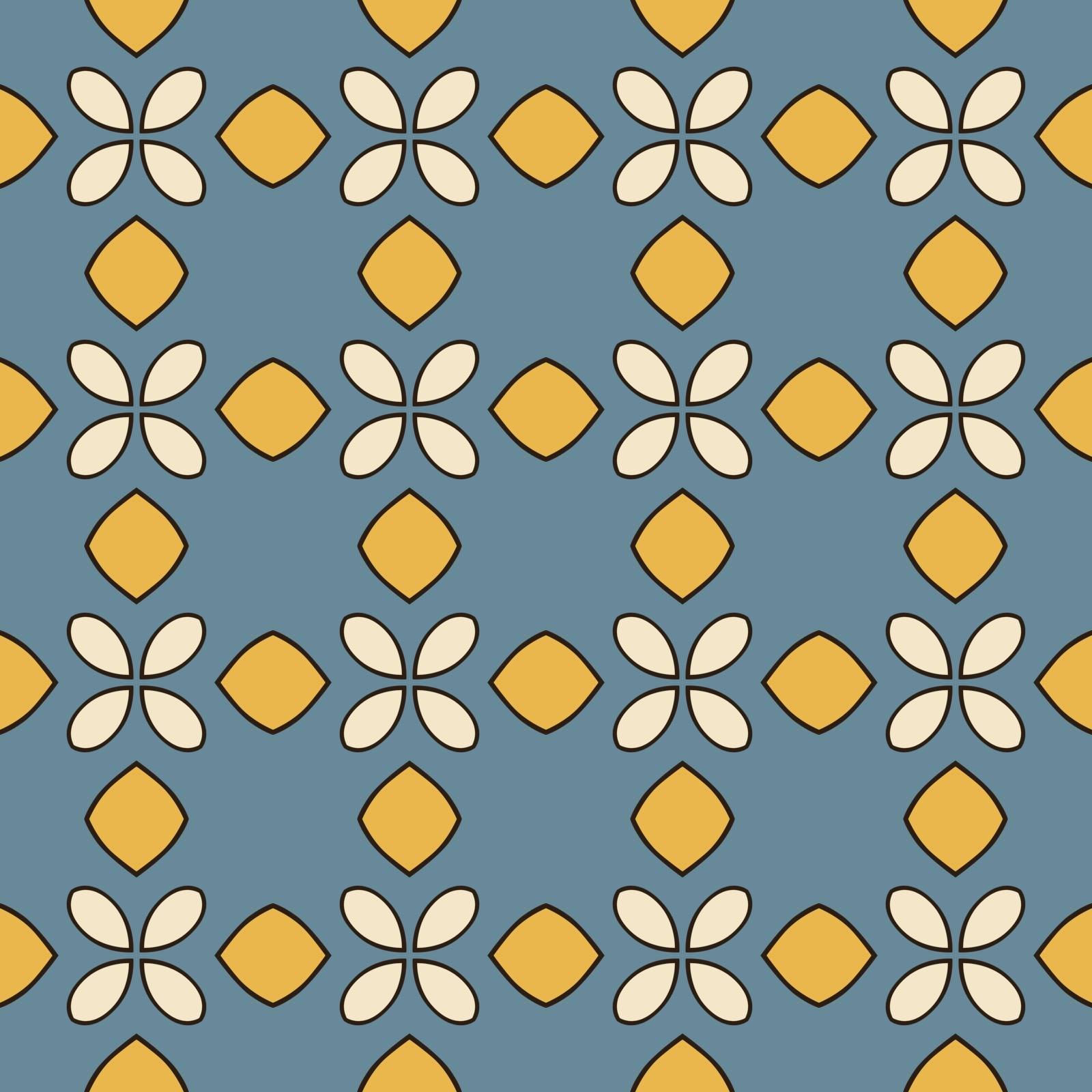 Seamless illustrated pattern made of abstract elements in beige, blue, yellow and black
