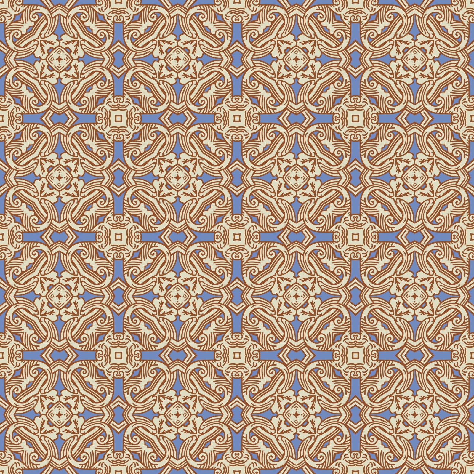 Seamless illustrated pattern made of abstract elements in beige, dark red and blue