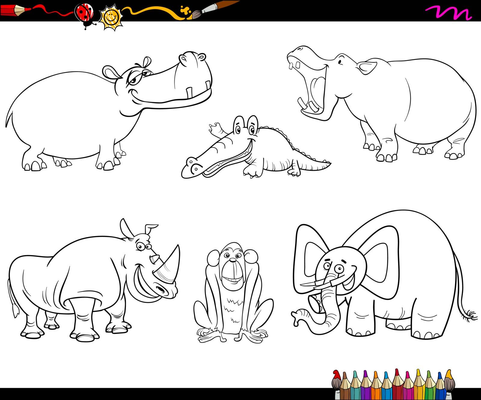 Black and White Cartoon Illustration of Safari Animal Characters Set Coloring Page