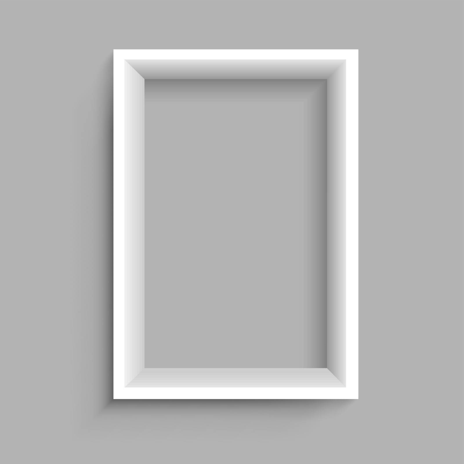 Modern rectangular vertical plastic wooden or paper white shelf with shadow on gray background. Frame furniture design