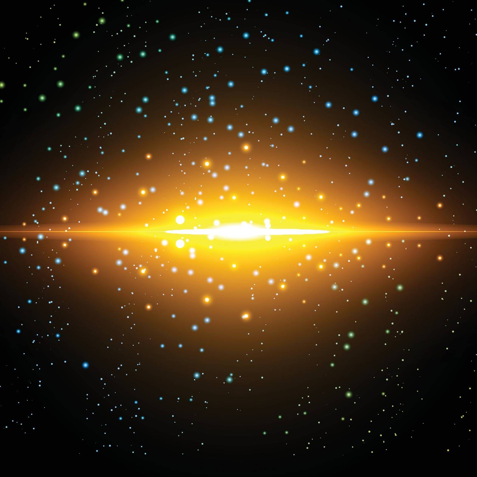 Vector infinite space background. Matrix of glowing stars with illusion of depth and perspective. Abstract cyber fiery sunrise over sea. Abstract futuristic universe on dark background.