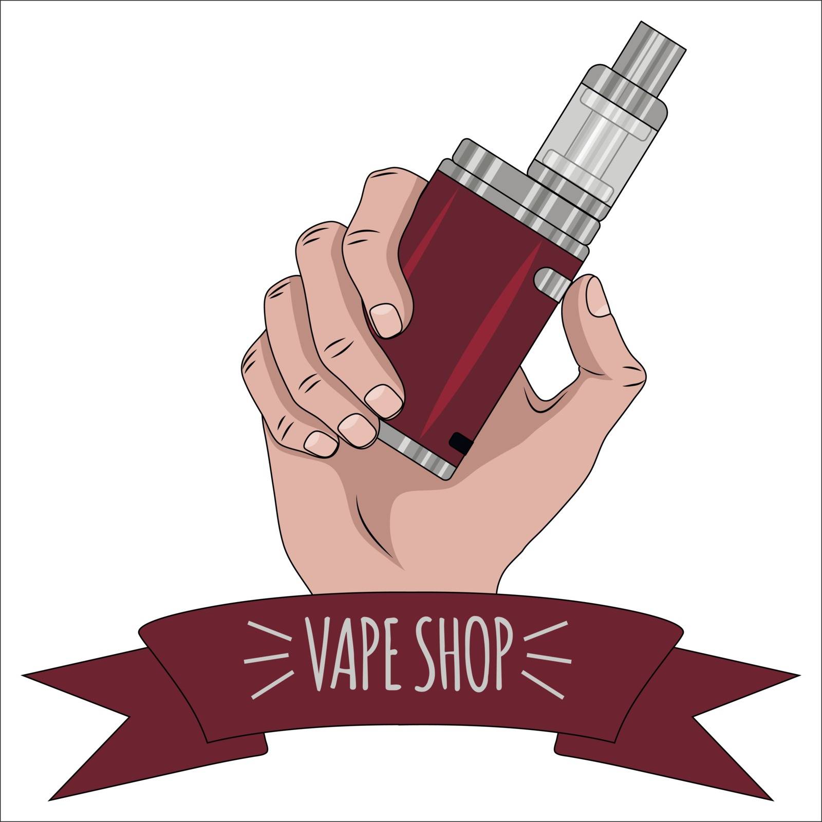 Hand with a vape on a white background and ribbon.