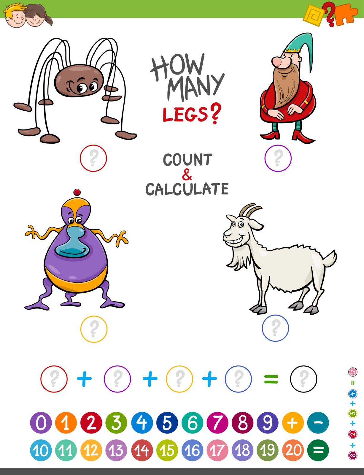 Cartoon Illustration of Educational Mathematical Counting and Addition Game for Children with Funny Characters
