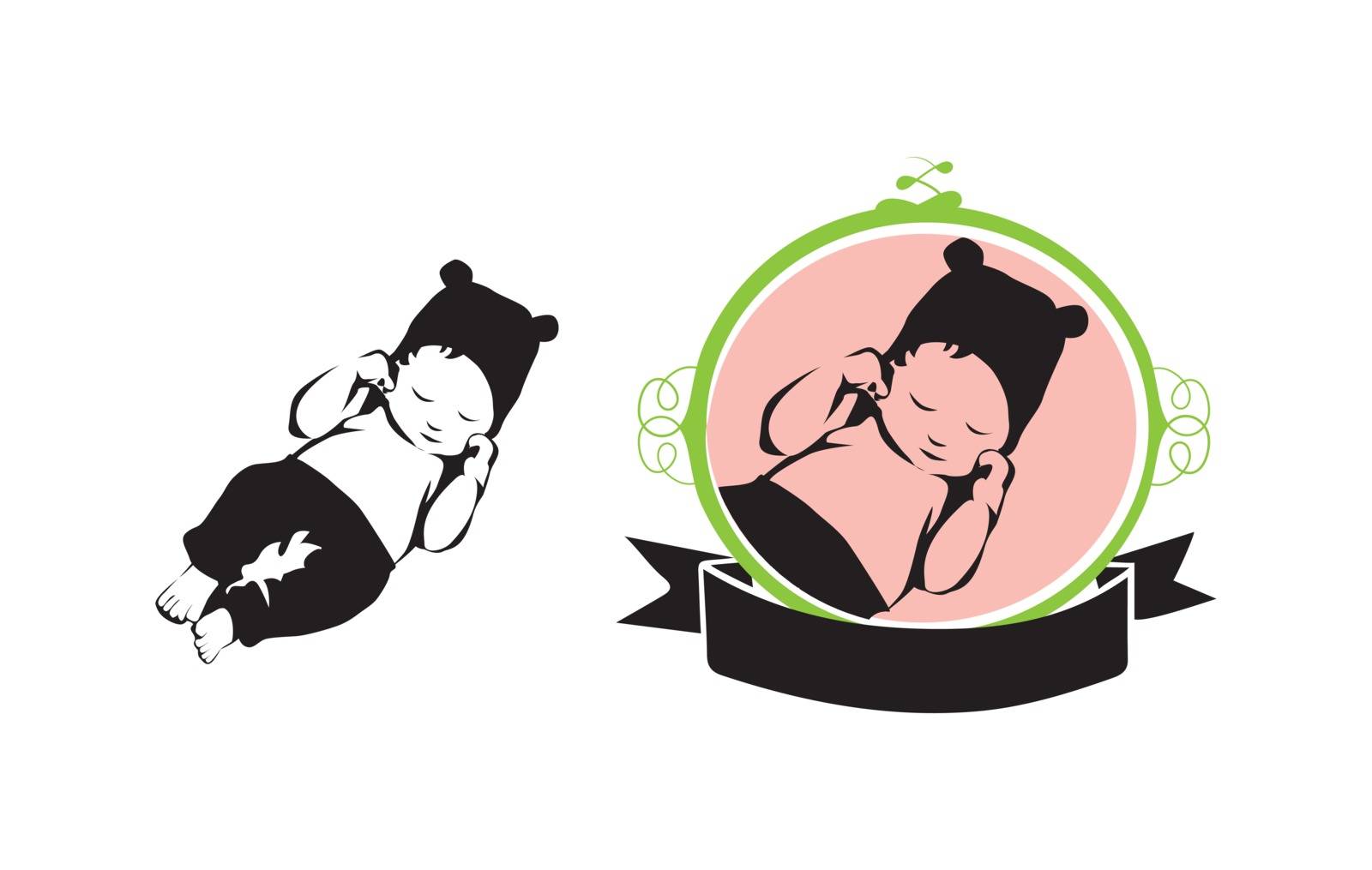 Sleeping Baby Vector Icon - Silhouette in Floral Frame with Ribbon Caption by Loud-Mango