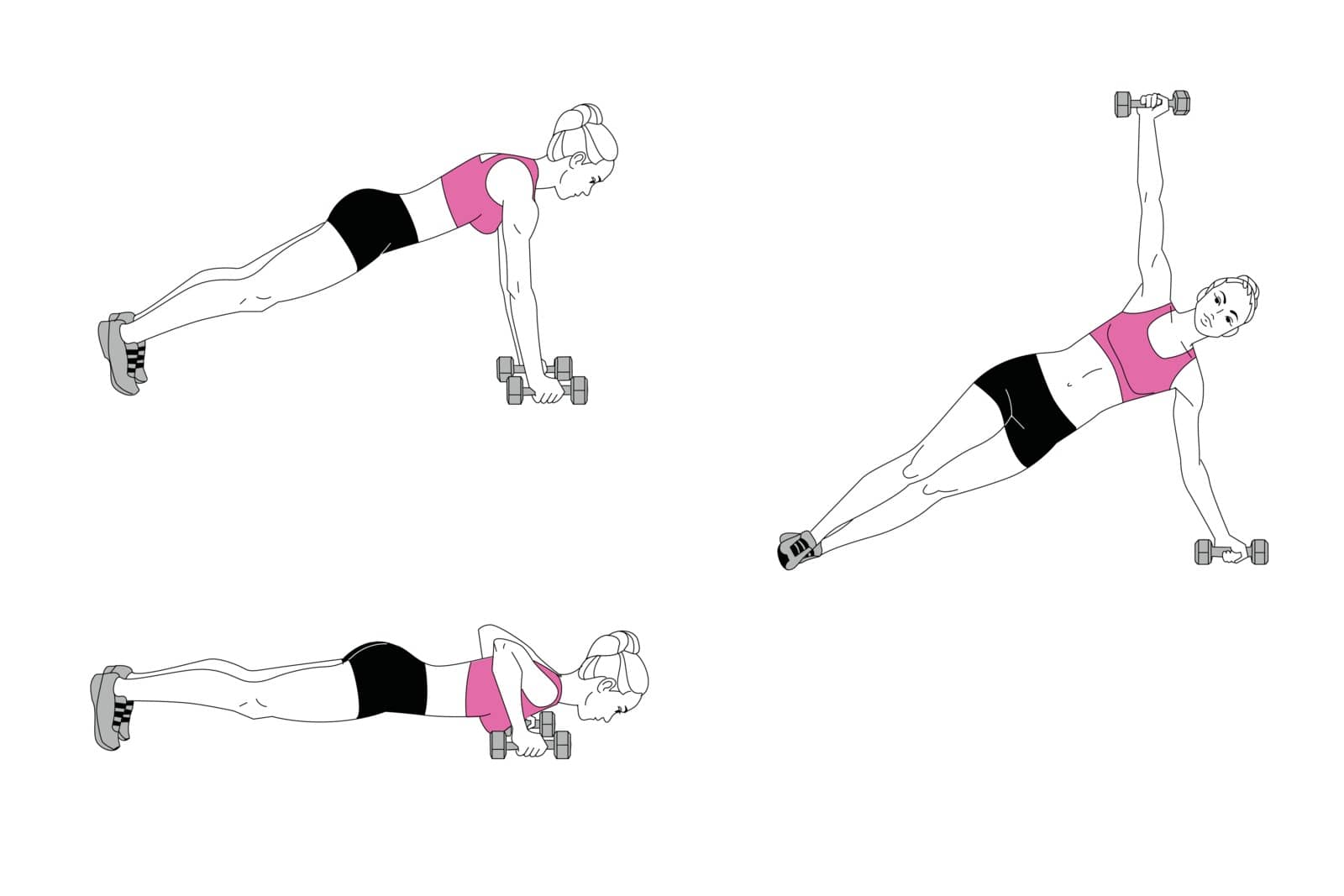 The girl is doing sports exercises with dumbbells. Sequence of movements on a white background