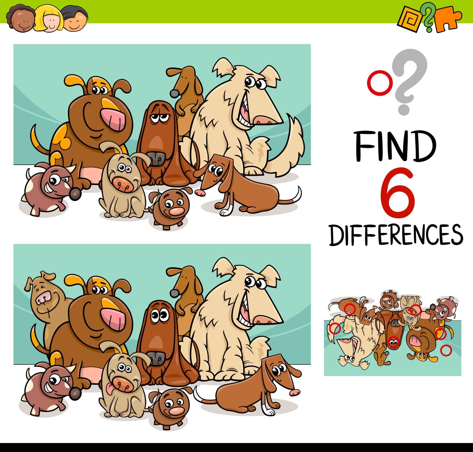 Cartoon Illustration of Finding the Details Educational Activity for Children with Dogs Pet Animal Characters