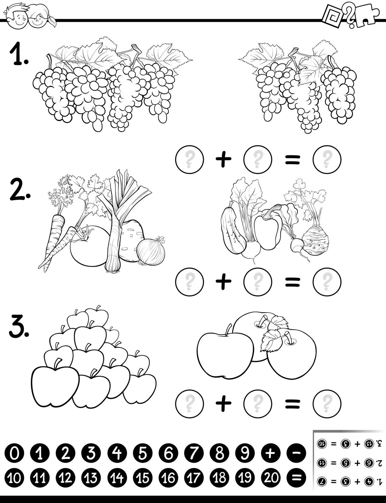Black and White Cartoon Illustration of Educational Mathematical Activity Game for Children with Fruits and Vegetables Coloring Page