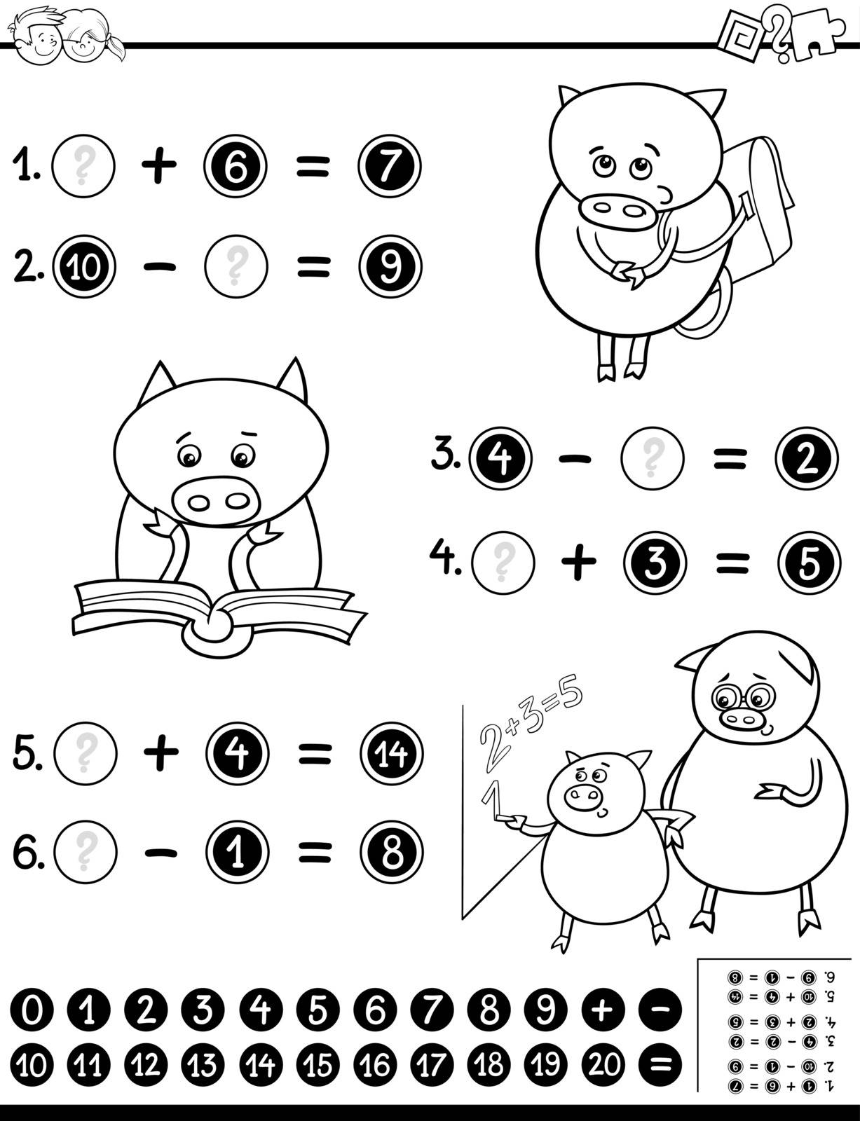 Black and White Cartoon Illustration of Educational Mathematical Activity Worksheet for Kids Coloring Page