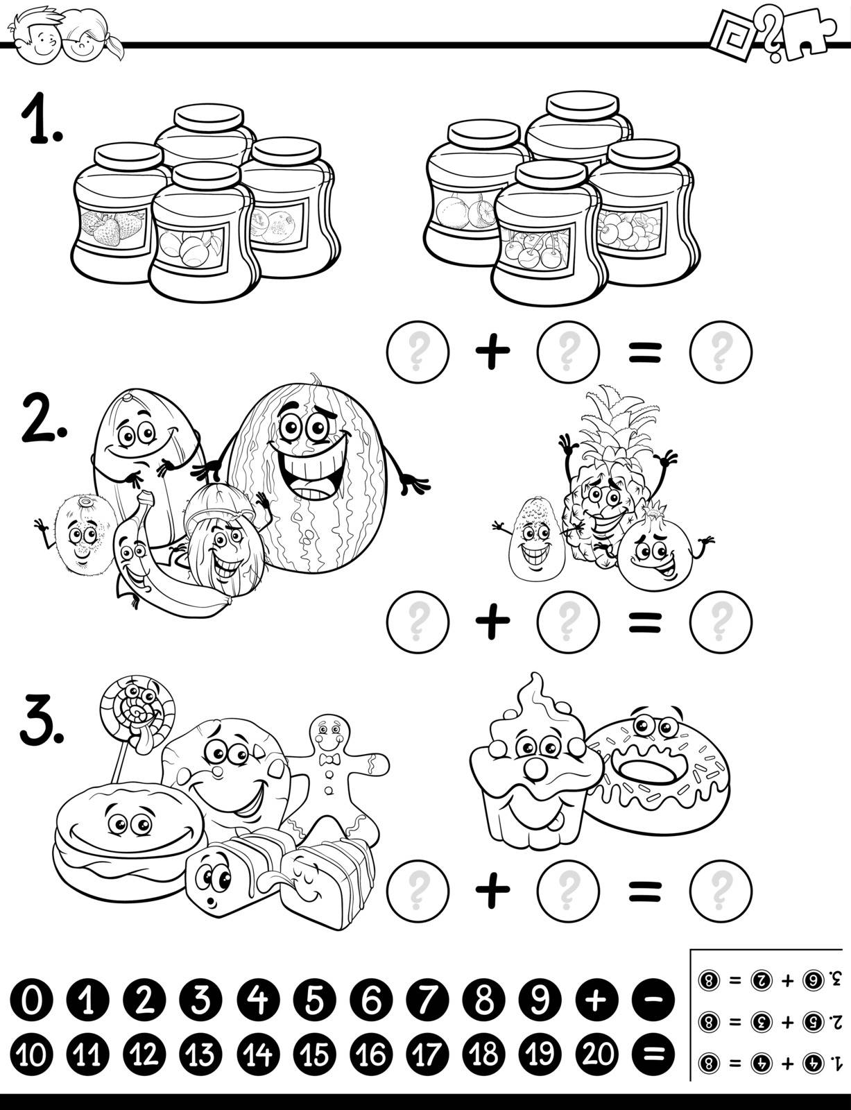 Black and White Cartoon Illustration of Educational Mathematical Activity for Children with Food Objects Coloring Page