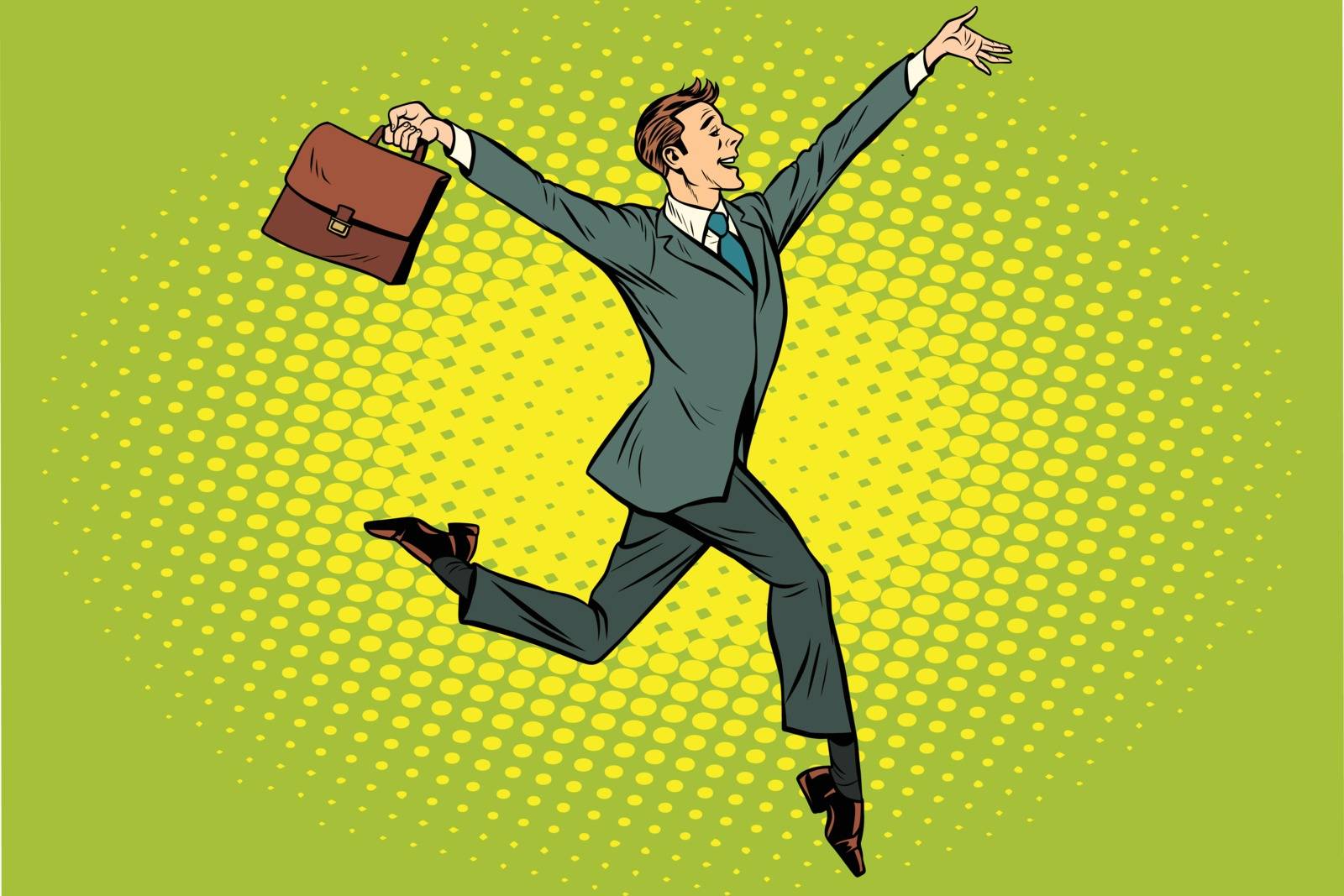 Elegant funny businessman with briefcase running on tiptoe. Pop art retro vector illustration