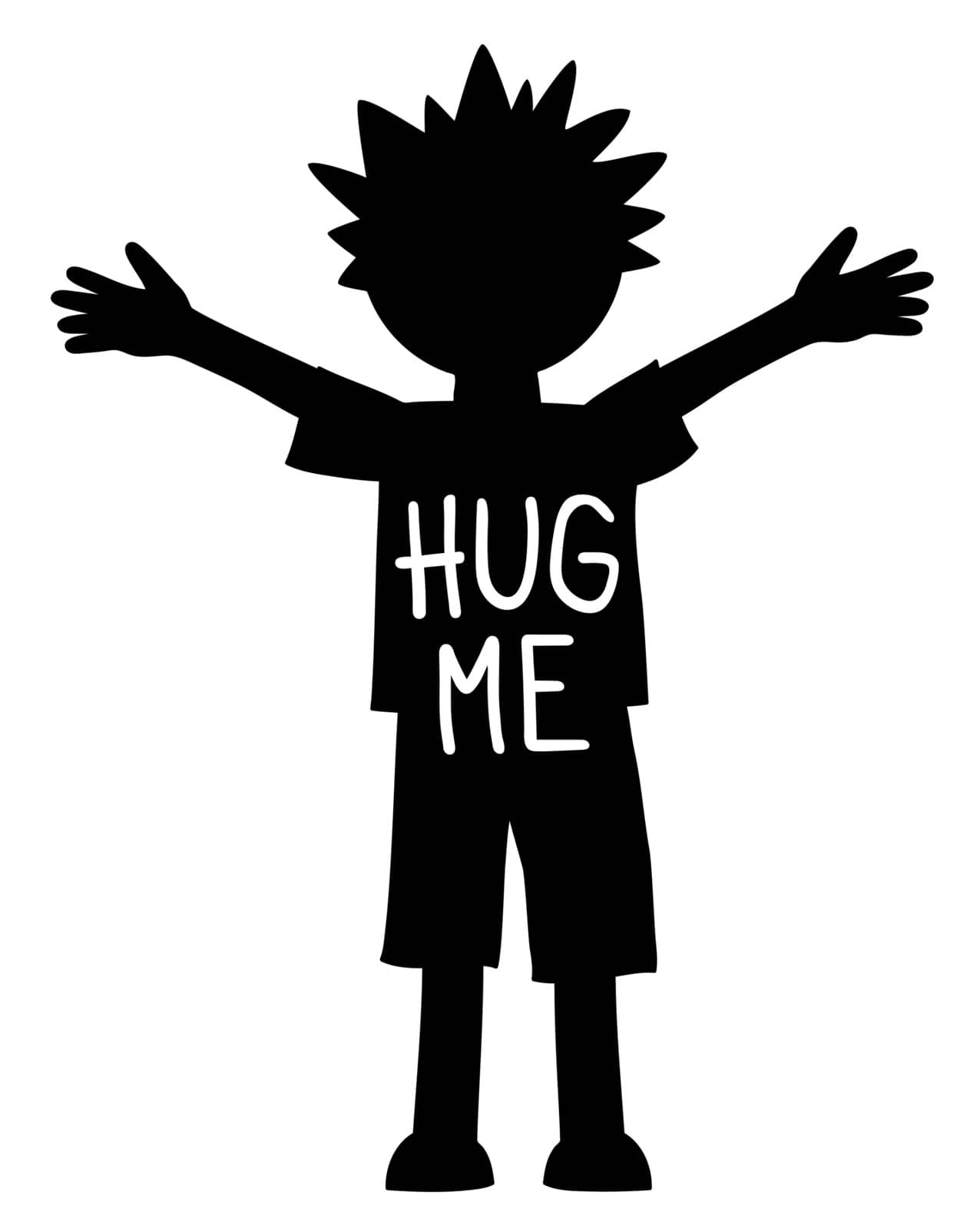 Hug me written on the young boy with open arms and hands, black and white vector