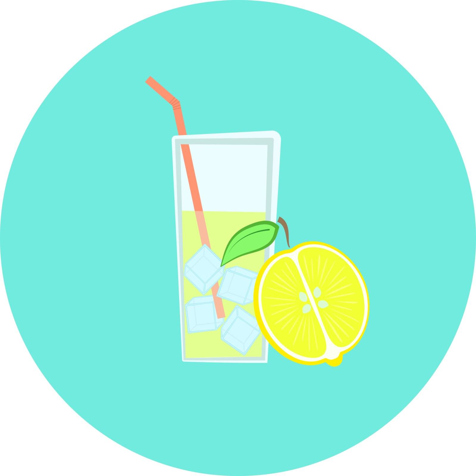 Glass of fresh yellow lemonade with ice icon, lemon fruit
