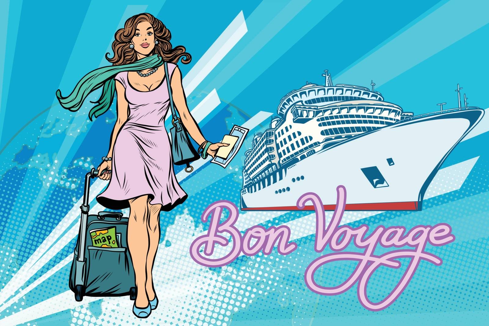 Beautiful woman passenger Bon voyage cruise ship. Pop art retro vector illustration
