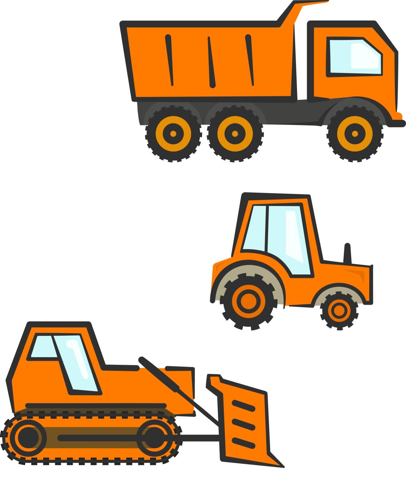 Flat orange industrial transport set. Dozer, tracktor and dumper