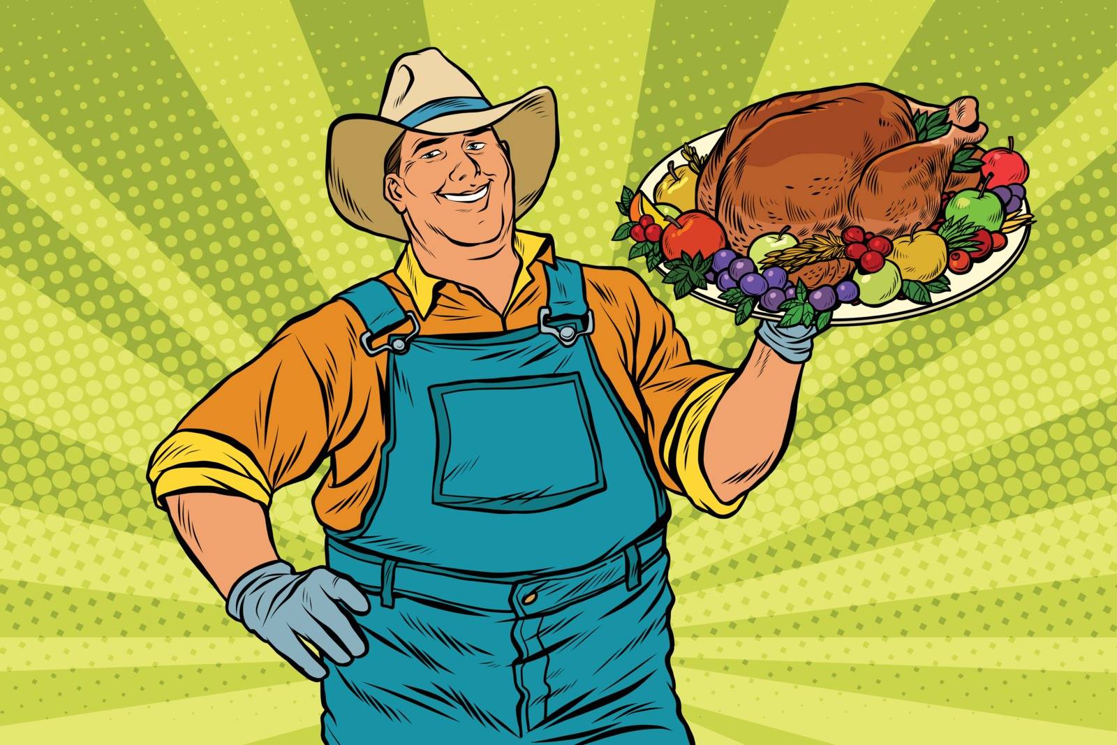 Rural farmer and roast Turkey, pop art retro vector illustration. Family dinner for Christmas or Thanksgiving