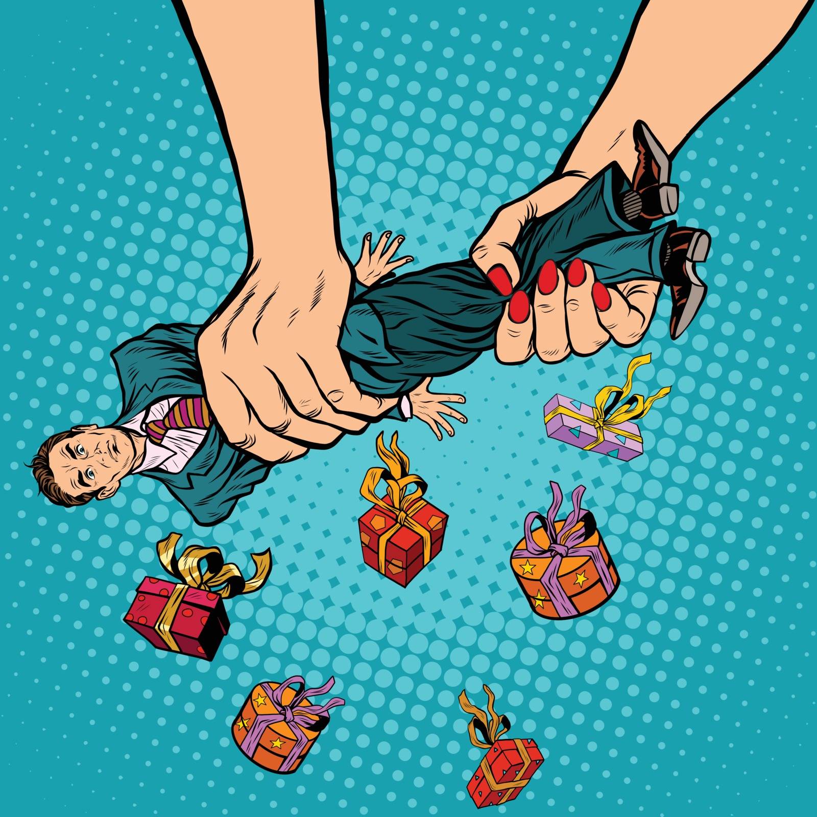Female hands squeeze men gifts, pop art retro vector illustration. Love and exploitation. Holiday sale