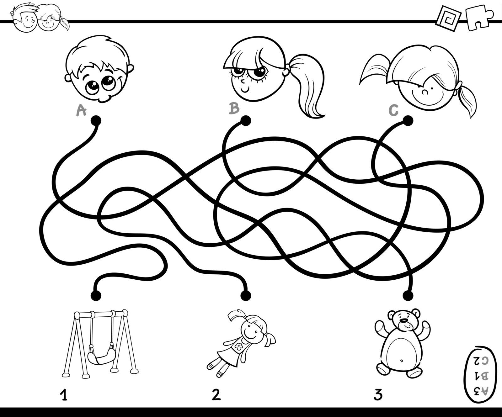 Black and White Cartoon Illustration of Education Paths or Maze Puzzle Game with Children and Toys