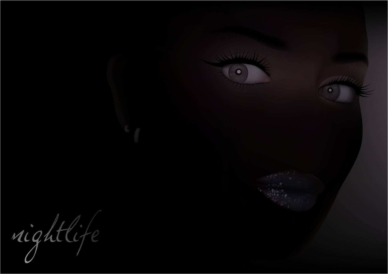 Woman Face In The Dark - Close-up Portrait Of Sensuality Beautiful Woman Face with Make-up And Sexy Glitter Lips Makeup. Vector Illustration.