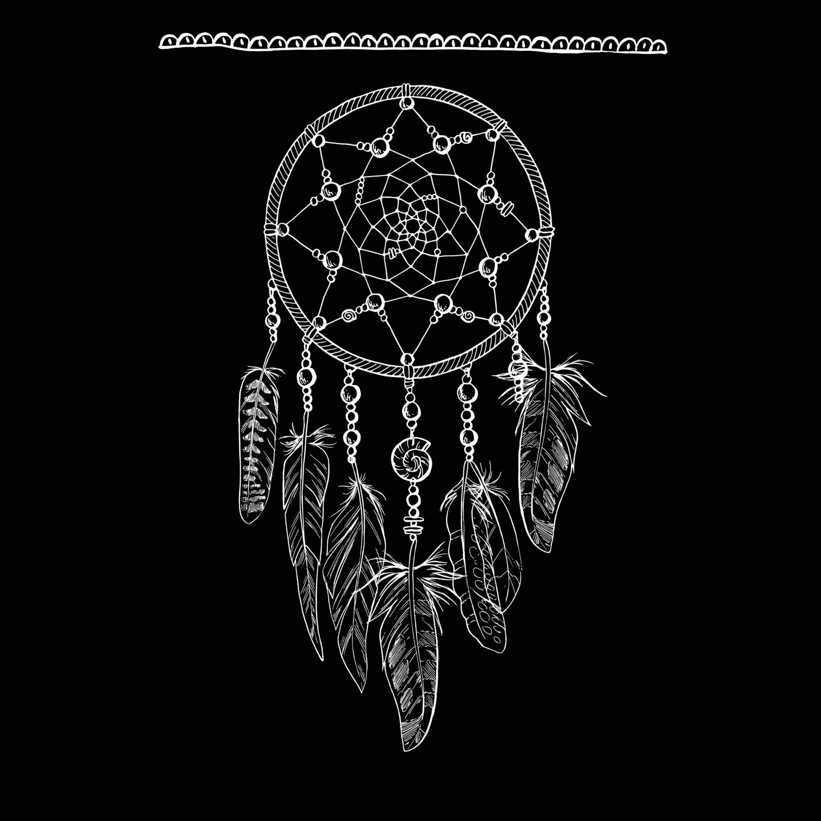 Hand drawn ornate Dreamcatcher with feathers, gemstones. Astrology, spirituality, magic symbol. Ethnic tribal element. by nutela_pancake