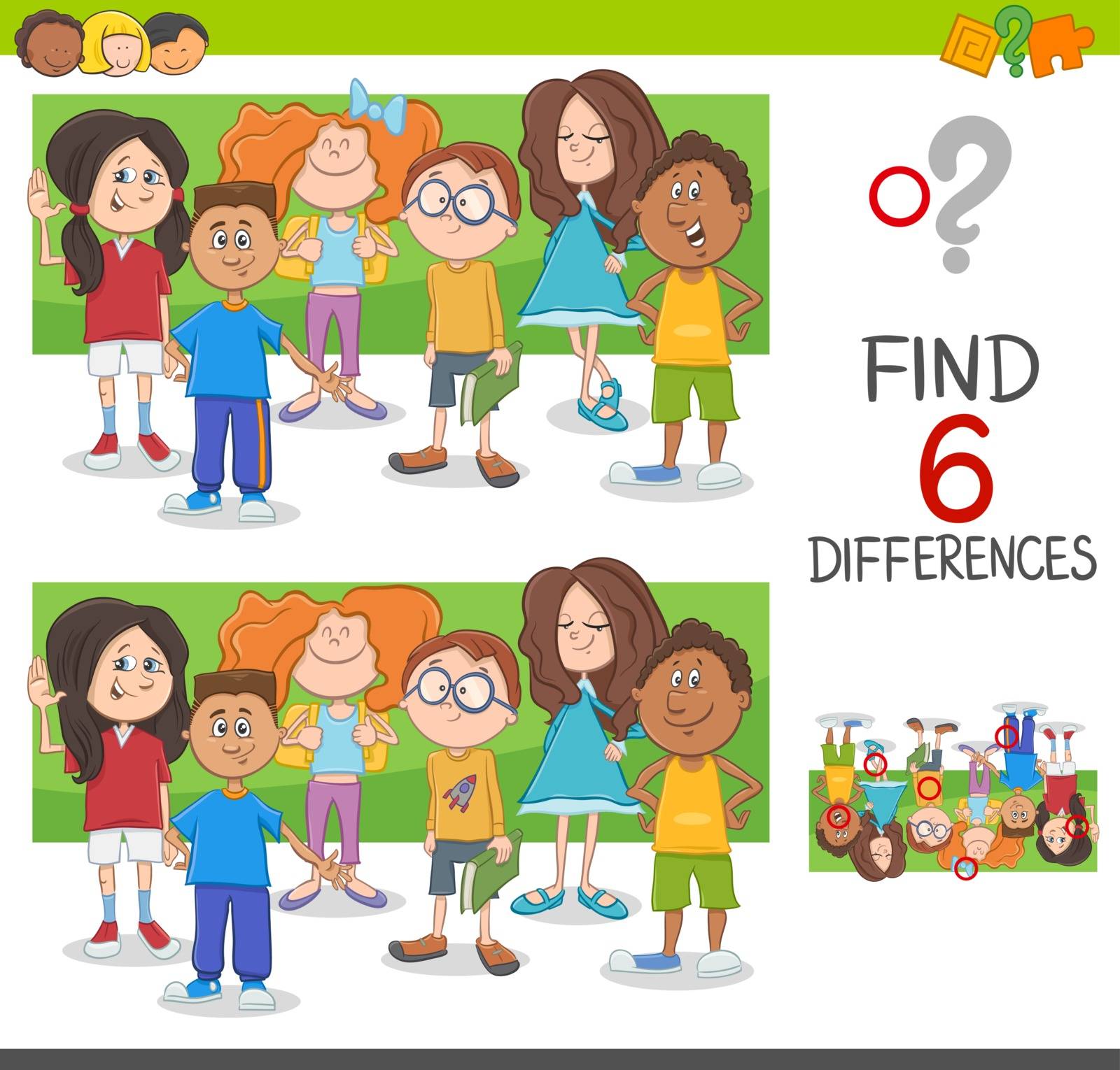 Cartoon Illustration of Spot the Differences Educational Game with Elementary Age Children Characters Group