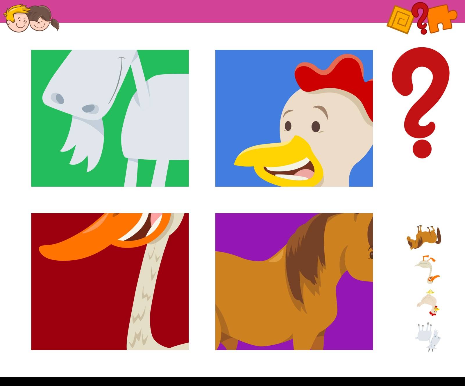 Cartoon Illustration of Educational Game of Guessing Farm Animals for Preschool Kids