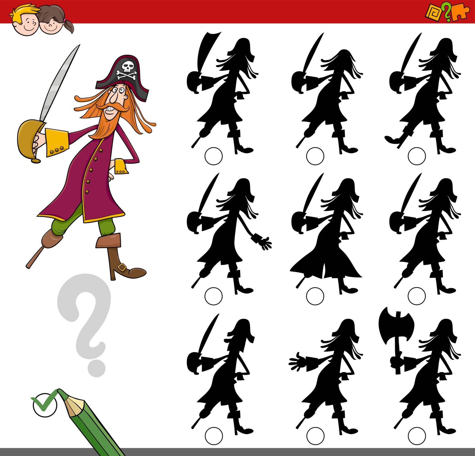 Cartoon Illustration of Finding the Shadow without Differences Educational Activity for Kids with Pirate Fantasy Character