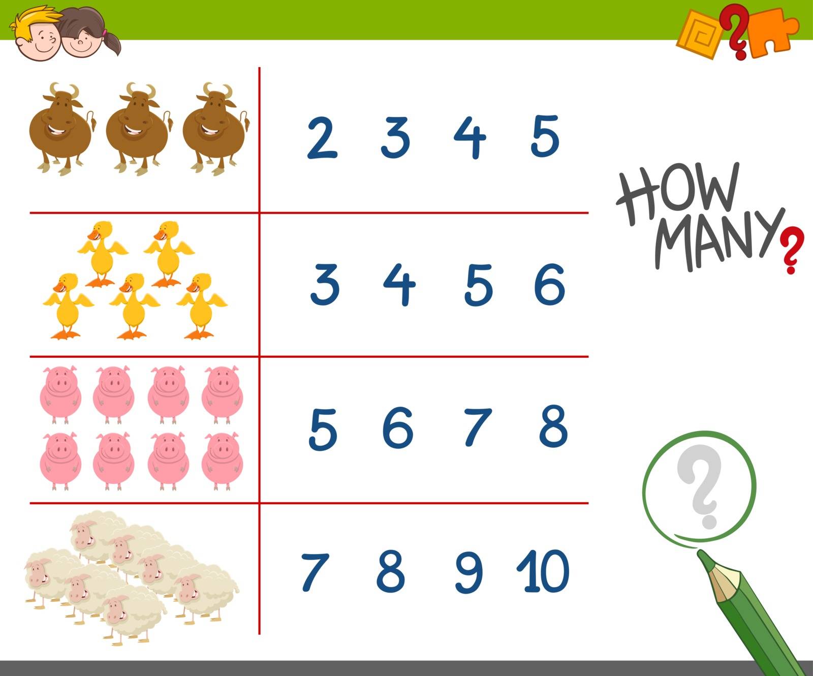 Cartoon Illustration of Educational Counting Game for Children with Cute Farm Animal Characters