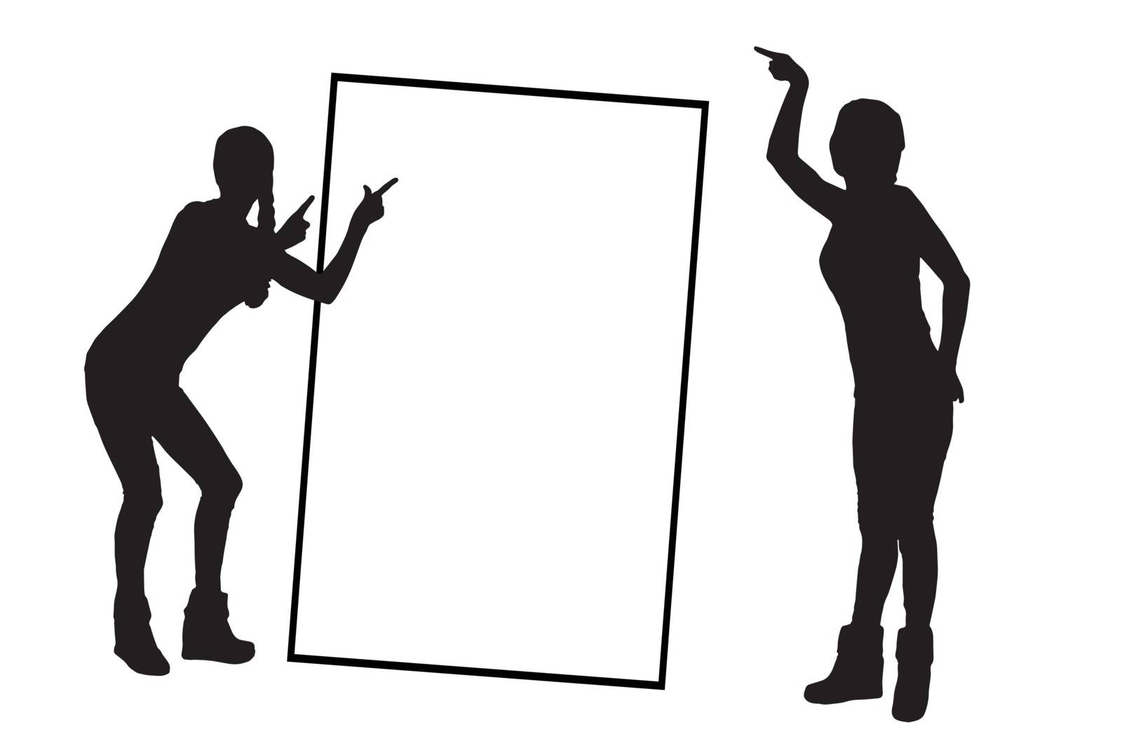A frame with a place under the text monochrome. Girl on white background with frame silhouette pointing with hands. Illustration, vector for your design