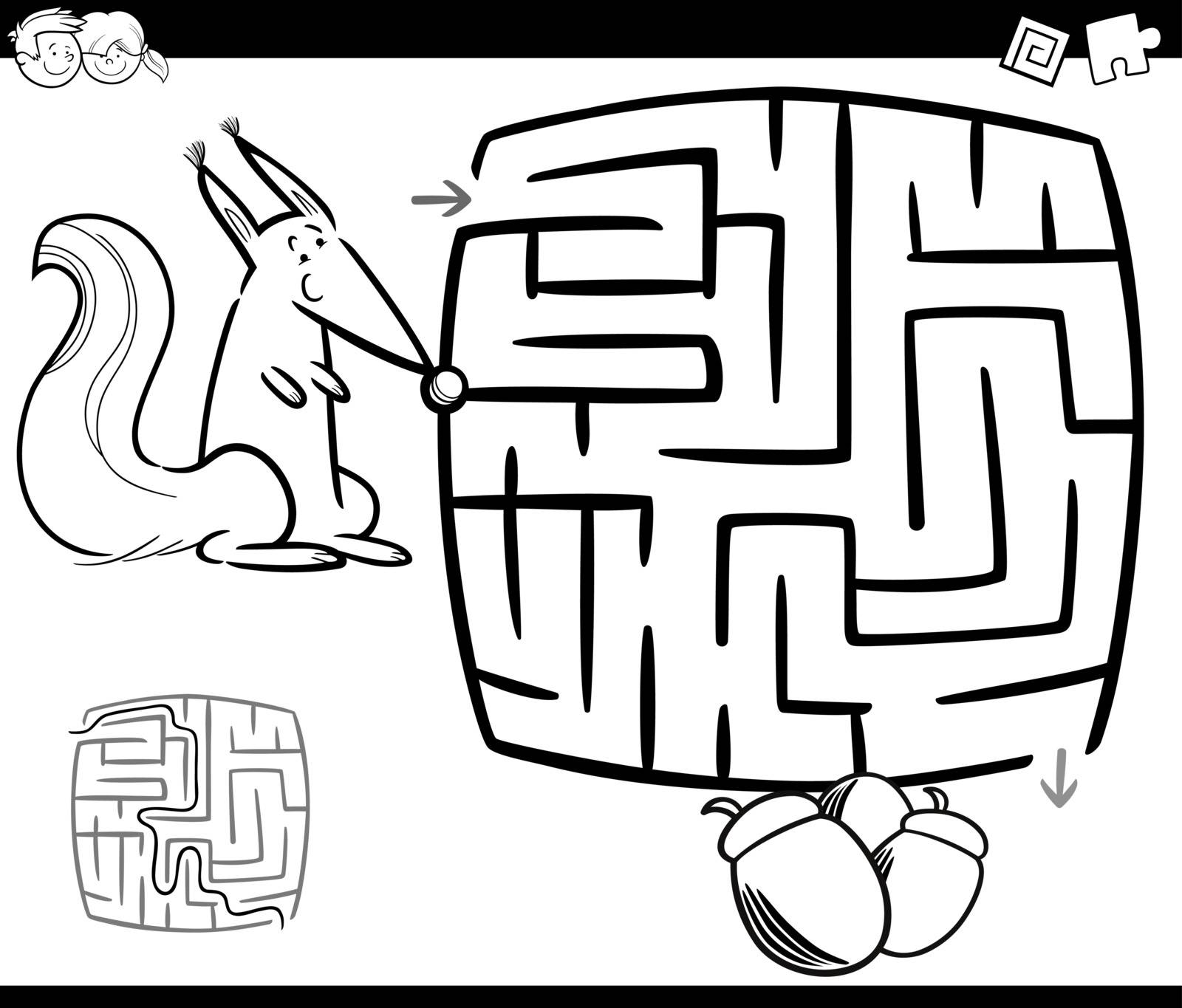 Black and White Cartoon Illustration of Education Maze or Labyrinth Game for Children with Squirrel and Acorns Coloring Page